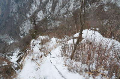 雪に覆われた鎖場、鎖が見えるからまだ歩きやすい。