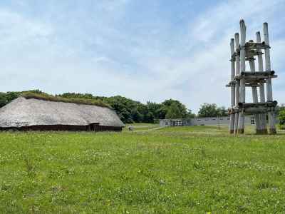 復元された大型掘立柱建物と大型竪穴建物 