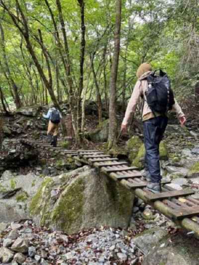 何度も渡る濡れた木の橋 