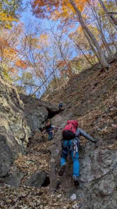 登山路は枯葉に埋まり 